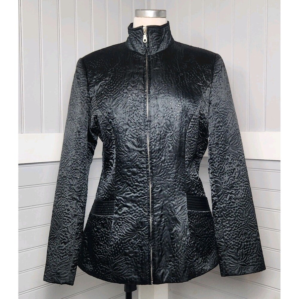 Bracha Jacket Vintage Black Embossed Floral Womens M Full Zip Pockets NightOut
